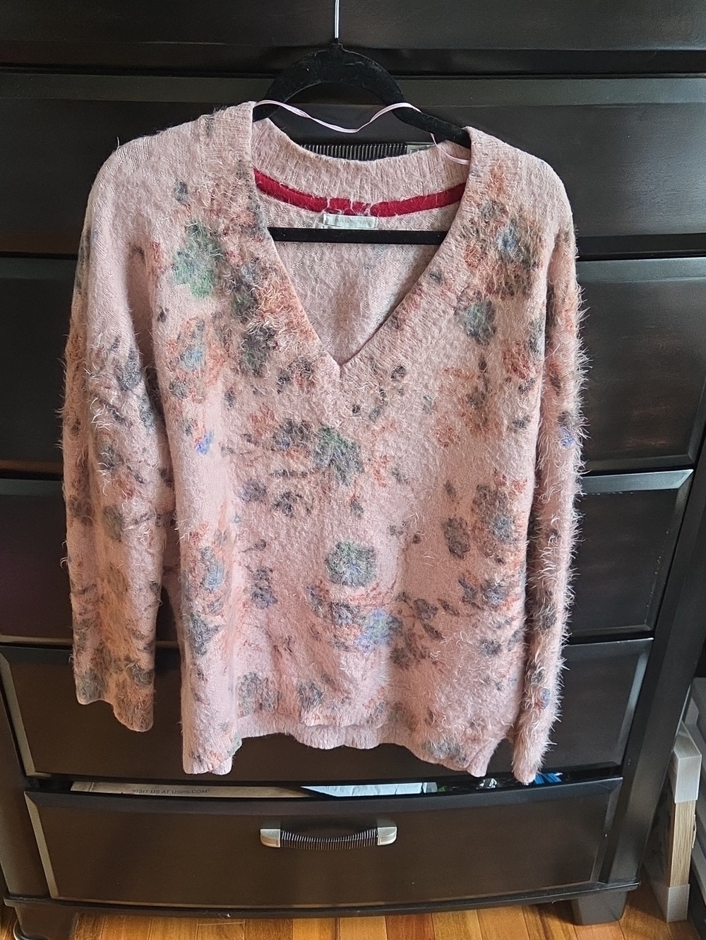 Urban Outfitters Pink Floral Fuzzy V-Neck Sweater-oversized